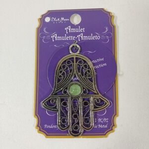 The Hamsa Hand Amulet Metal  Pendant with Stone Protection Blue Moon Beads‎